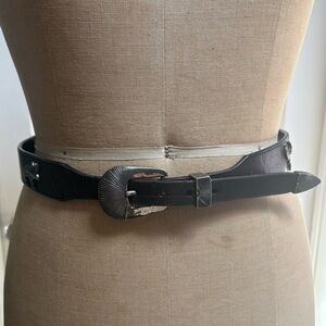 Black Leather Western Belt, Silver Buckles, Animal Symbols By Silver Creek 30 in